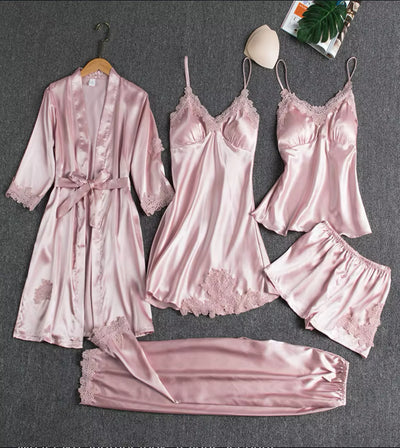 Women's Luxury Silk Satin Nightgown Robes 5-Piece Nighty Set