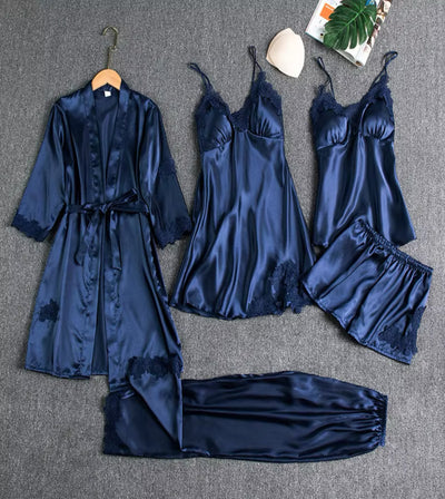 Women's Luxury Silk Satin Nightgown Robes 5-Piece Nighty Set