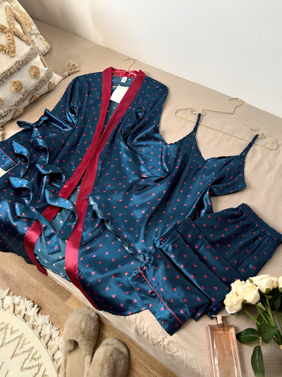 Silk 3Pcs Heart Printed Nighty & Pyjama Set
