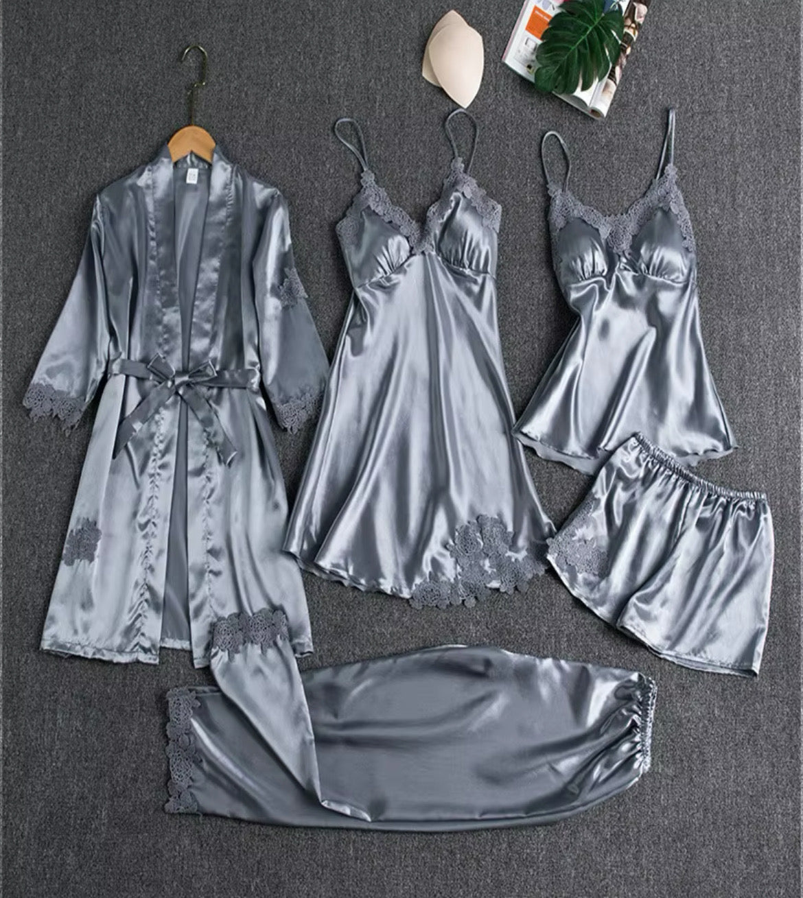 Women's Luxury Silk Satin Nightgown Robes 5-Piece Nighty Set
