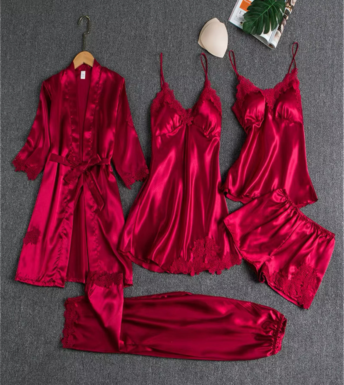 Women's Luxury Silk Satin Nightgown Robes 5-Piece Nighty Set