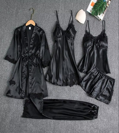 Women's Luxury Silk Satin Nightgown Robes 5-Piece Nighty Set
