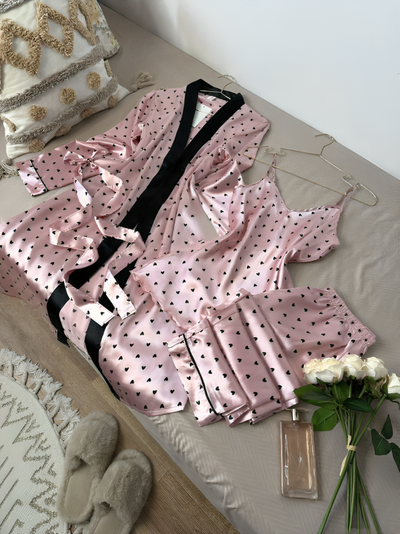 Silk 3Pcs Heart Printed Nighty & Pyjama Set